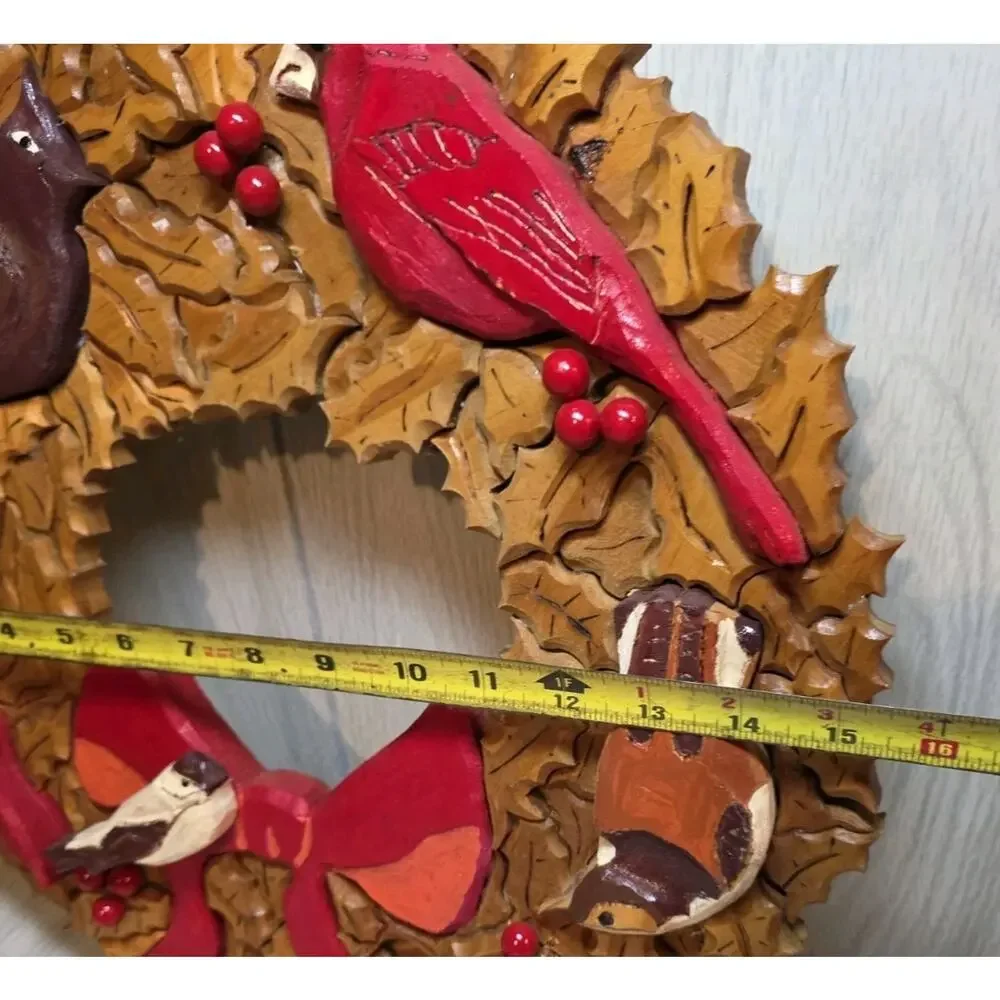 Vtg 2004 Handmade Wood Christmas Wreath Cardinals Birds Holiday Farmhouse 15